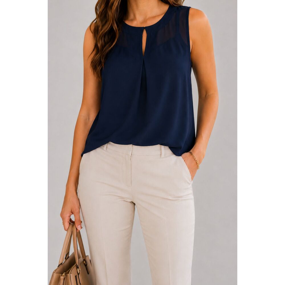 Monteau Los Angeles Women’s S Navy Chiffon Sleeveless Blouse Keyhole Pleated Top